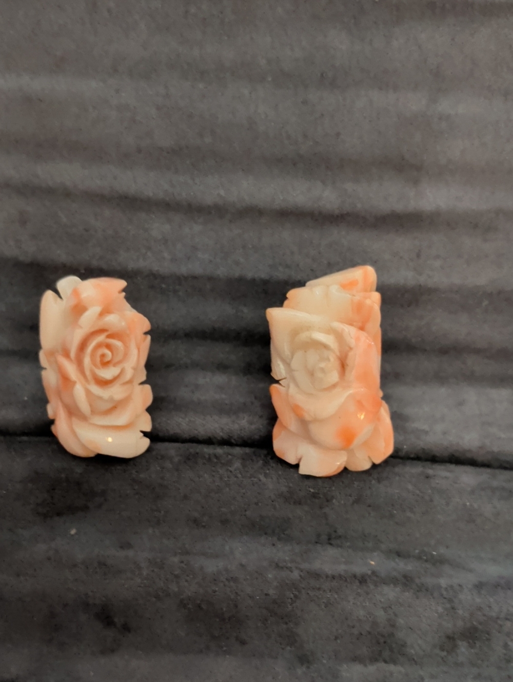 Hand-Carved Angel Skin, Coral Rose Earrings in Peach.